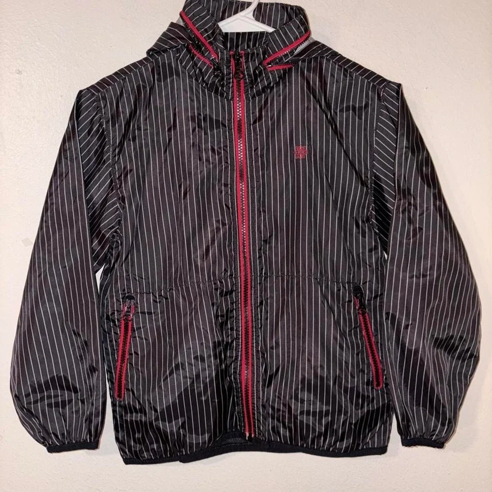 Old Navy black with white vertical pinstripe windbreaker jacket in a small